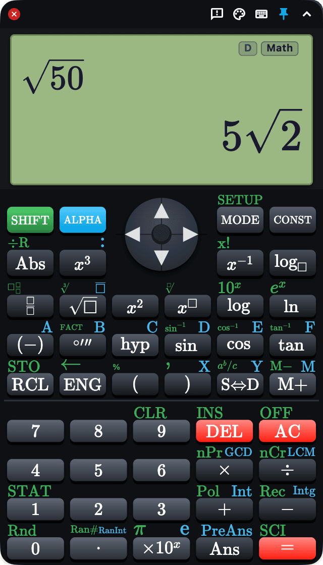 HubzillaCalc showing the exact answer 5√2 for √50