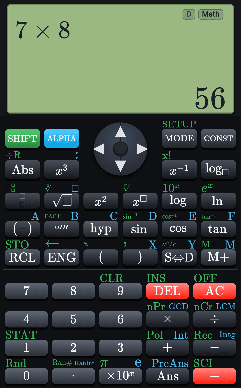 The calculator open inside a lesson, showing 7 times 8 and the answer 56